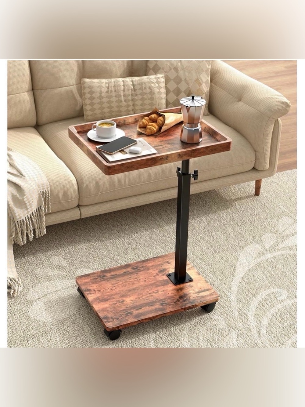 C Table Side Table Adjustable Height, 360°Swivel TV Tray Table with Wheels